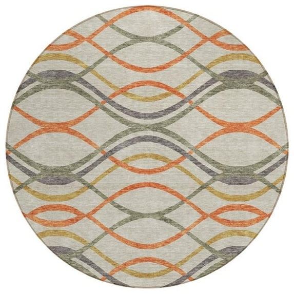 HomeRoots 585282 8 ft. Round Abstract Washable Indoor & Outdoor Area Rug, Orange, Ivory & Gray