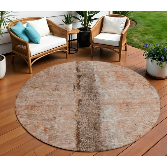 HomeRoots 578042 8 ft. Round Abstract Washable Indoor & Outdoor Area Rug, Orange, Peach & Brown