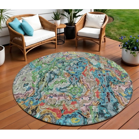 8' Orange And Teal Blue Round Abstract Washable Indoor Outdoor Area Rug