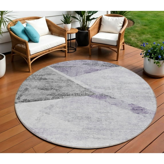 HomeRoots 586230 8 ft. Round Abstract Washable Indoor & Outdoor Area Rug, Purple, Gray & Charcoal
