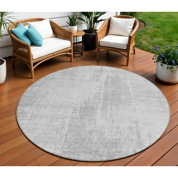8' Silver And Gray Round Abstract Washable Indoor Outdoor Area Rug