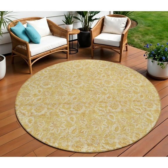 8' Gold And Wheat Round Floral Washable Indoor Outdoor Area Rug