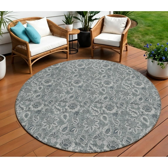8' Gray Silver And Charcoal Round Floral Washable Indoor Outdoor Area Rug