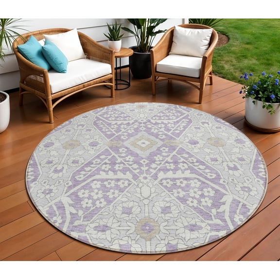 HomeRoots 590066 8 ft. Round Floral Washable Indoor & Outdoor Area Rug, Lavender, Gray & Beige