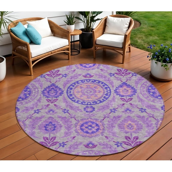 8' Lavender Lilac And Gray Round Floral Washable Indoor Outdoor Area Rug