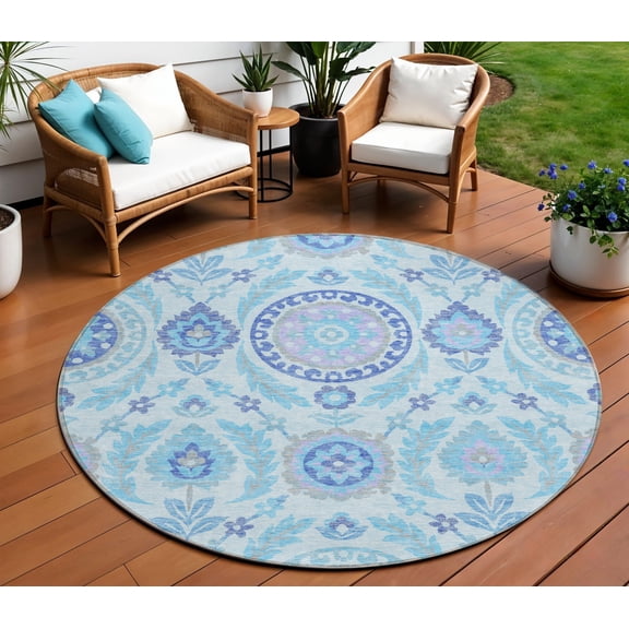 8' Sky Blue And Lavender Round Floral Washable Indoor Outdoor Area Rug