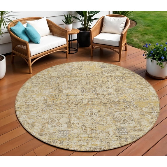 8' Wheat Beige And Gray Round Floral Washable Indoor Outdoor Area Rug