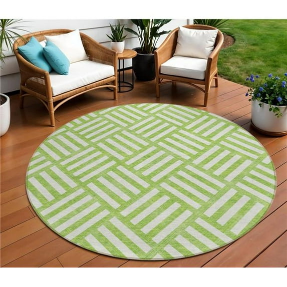 HomeRoots 578762 8 ft. Round Geometric Washable Indoor & Outdoor Area Rug, Lime Green & Ivory