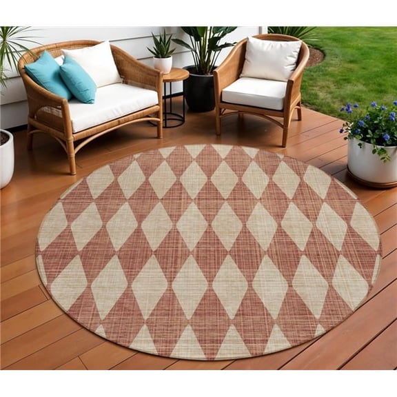 HomeRoots 577081 8 ft. Round Geometric Washable Indoor & Outdoor Area Rug, Orange & Copper