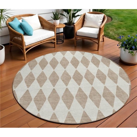 HomeRoots 577123 8 ft. Round Geometric Washable Indoor & Outdoor Area Rug, Taupe & Ivory