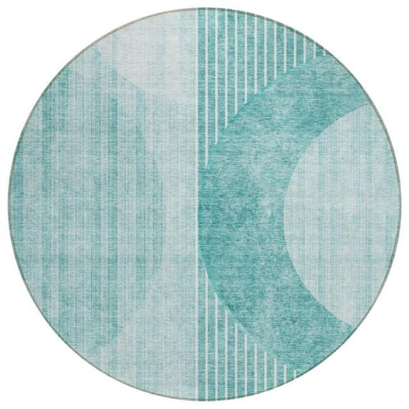HomeRoots 581193 8 ft. Round Geometric Washable Indoor & Outdoor Area Rug, Teal Blue & Aqua