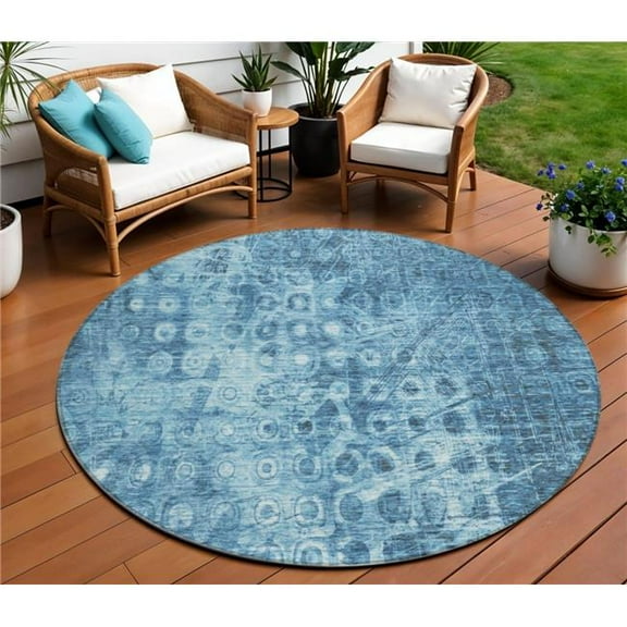 HomeRoots 576973 8 ft. Round Ikat Washable Indoor & Outdoor Area Rug, Blue