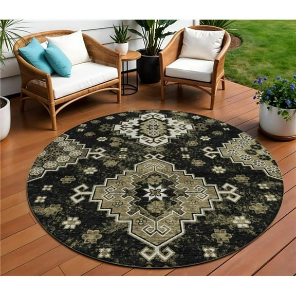 HomeRoots 588992 8 ft. Round Medallion Washable Indoor & Outdoor Area Rug, Black, Ivory & Taupe