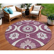 HomeRoots 589604 8 ft. Round Medallion Washable Indoor & Outdoor Area Rug, Eggplant, Ivory & Gray