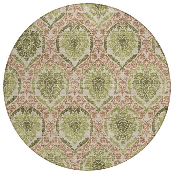 HomeRoots 587796 8 ft. Round Medallion Washable Indoor & Outdoor Area Rug, Olive Green & Fern Green