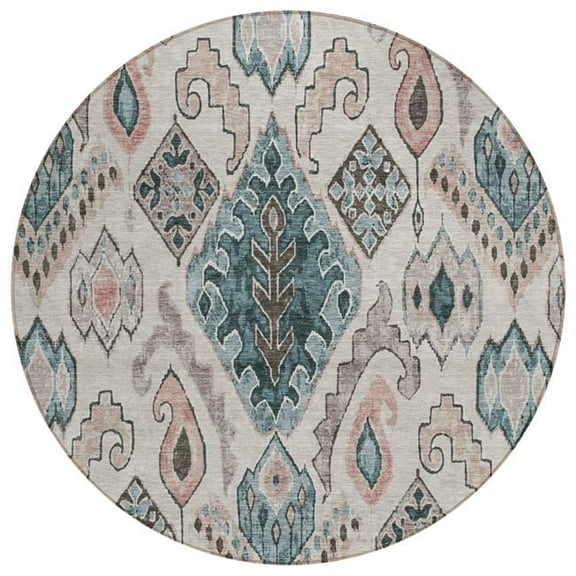 HomeRoots 586428 8 ft. Round Moroccan Washable Indoor & Outdoor Area Rug, Beige, Teal Blue & Copper