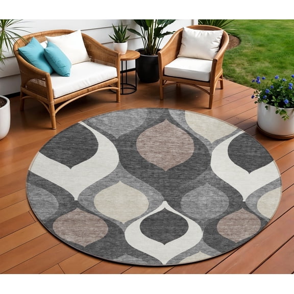 HomeRoots 584772 8 ft. Round Ogee Washable Indoor & Outdoor Area Rug, Gray, Beige & Taupe