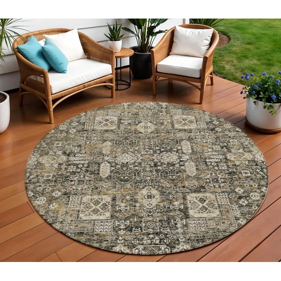 8' Coffee And Beige Round Oriental Washable Indoor Outdoor Area Rug