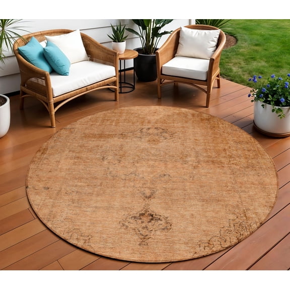 8' Copper Orange And Brown Round Oriental Washable Indoor Outdoor Area Rug