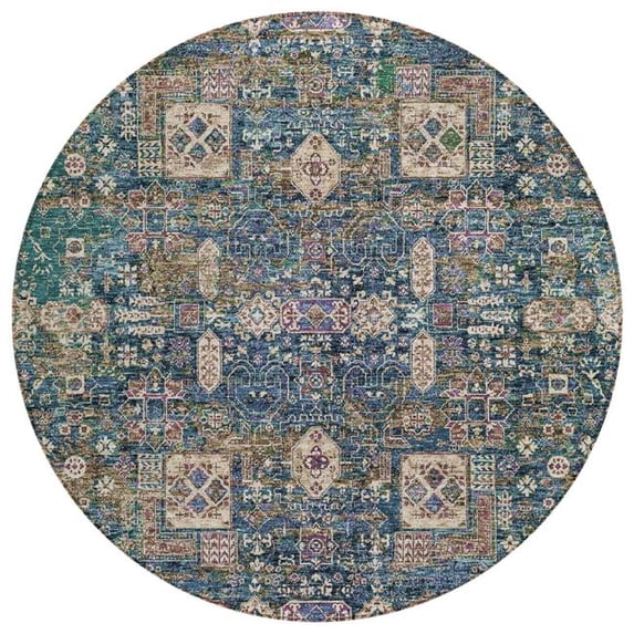 HomeRoots 579633 8 ft. Round Oriental Washable Indoor & Outdoor Area Rug, Green, Navy Blue & Ivory