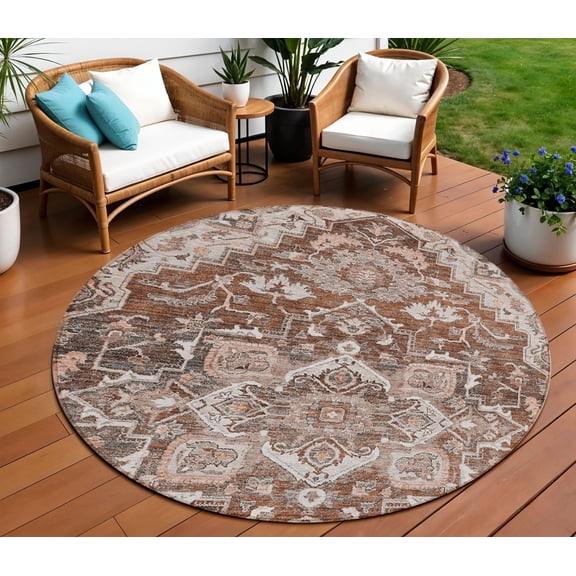 8' Terra Cotta Brown And Copper Round Oriental Washable Indoor Outdoor Area Rug