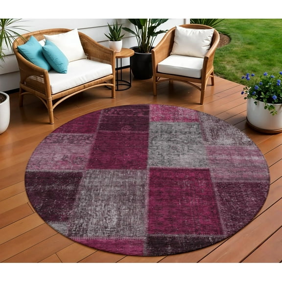 HomeRoots 580636 8 ft. Round Patchwork Washable Indoor & Outdoor Area Rug, Merlot, Burgundy & Gray