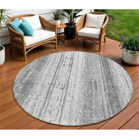 HomeRoots 589874 8 ft. Round Striped Washable Indoor & Outdoor Area Rug, Gray & Ivory