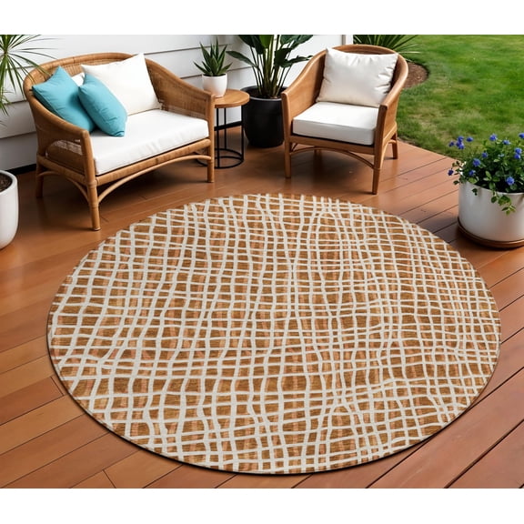 HomeRoots 583458 8 ft. Round Striped Washable Indoor & Outdoor Area Rug, Orange, Beige & Copper