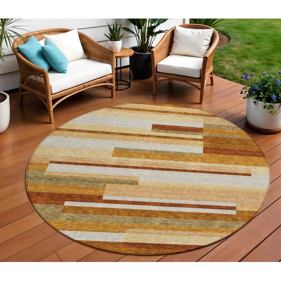 8' Orange Copper And Taupe Round Striped Washable Indoor Outdoor Area Rug