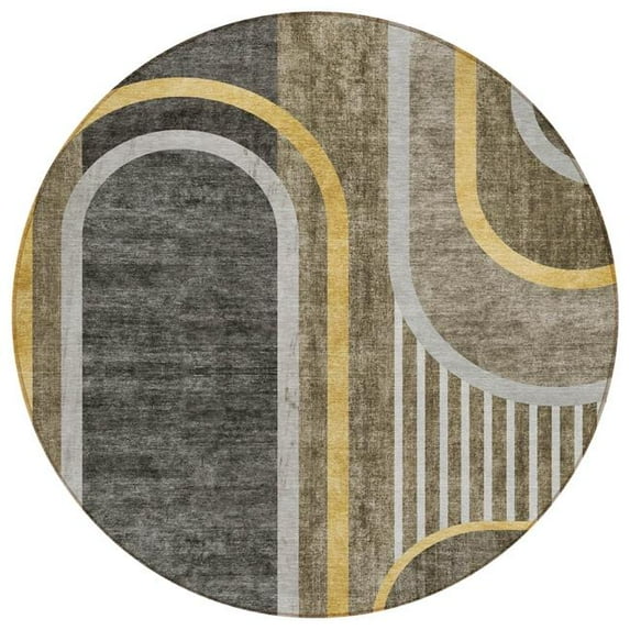 HomeRoots 561352 8 ft. Round Taupe & Gray Round Abstract Washable Non Skid Indoor Outdoor Machine Woven Area Rug