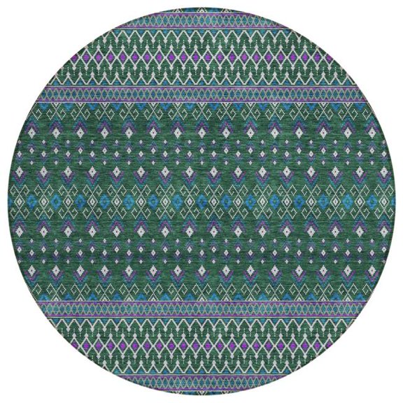 HomeRoots 582562 8 ft. Round Tribal Washable Indoor & Outdoor Area Rug, Green, Blue & Purple