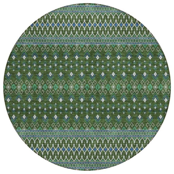 HomeRoots 582580 8 ft. Round Tribal Washable Indoor & Outdoor Area Rug, Olive Green & Blue