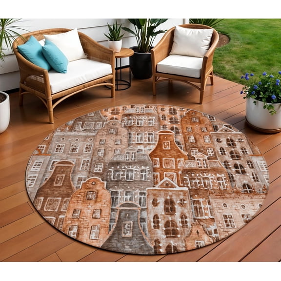 HomeRoots 577867 8 ft. Salmon Round Village Houses Washable Indoor & Outdoor Area Rug, Orange, Copper & Salmon