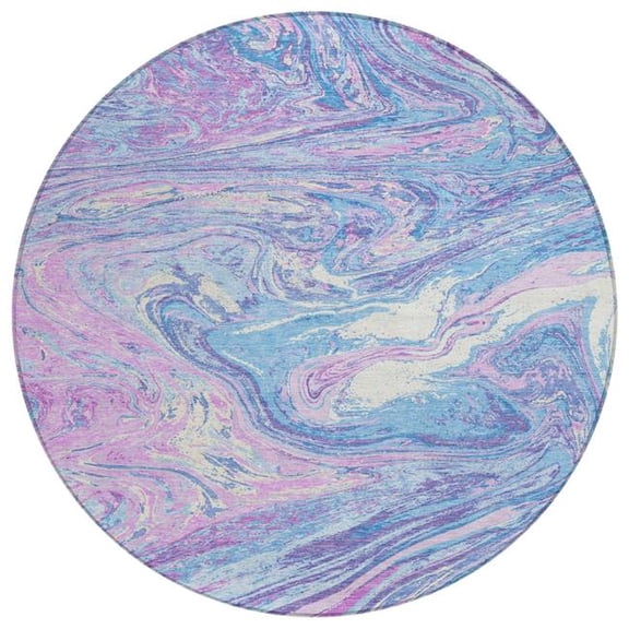 HomeRoots 602673 8 ft. Sky Blue Lavender & Ivory Round Abstract Washable Indoor & Outdoor Area Rug