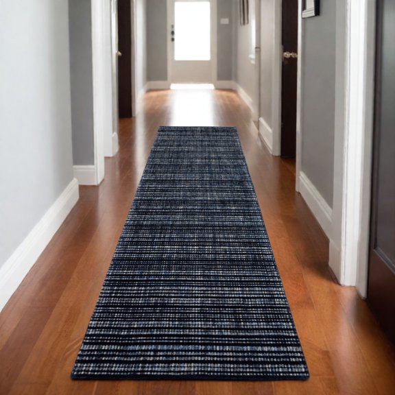 HomeRoots 575930 8 ft. Striped Hand Tufted Runner Rug, Navy Blue & Blue