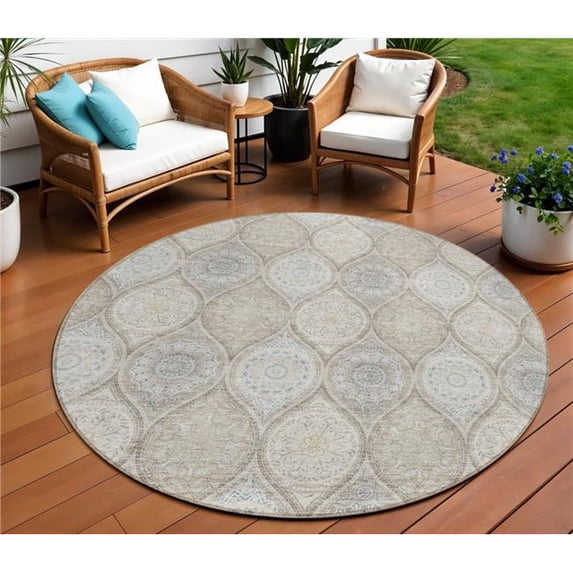 HomeRoots 614637 8 ft. Taupe Beige & Khaki Round Floral Medallion Washable Indoor & Outdoor Area Rug