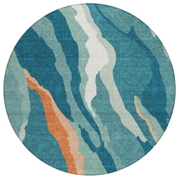 HomeRoots 601010 8 ft. Teal Blue, Copper & Ivory Round Abstract Washable Indoor & Outdoor Area Rug