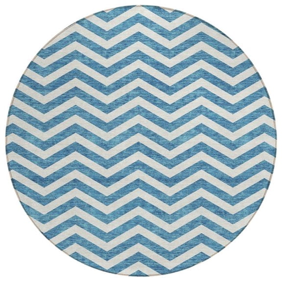 HomeRoots 595357 8 ft. Teal Blue & Ivory Round Chevron Washable Indoor & Outdoor Area Rug
