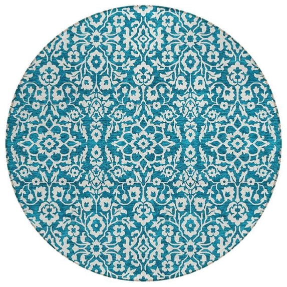 HomeRoots 595195 8 ft. Teal Blue & Ivory Round Damask Washable Indoor & Outdoor Area Rug