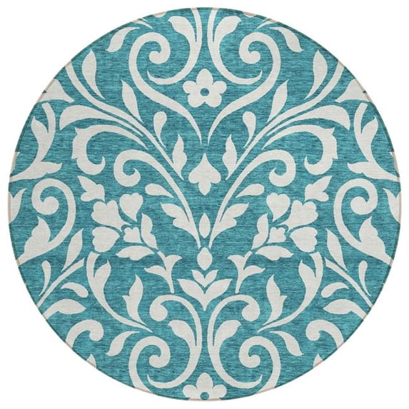 HomeRoots 591491 8 ft. Teal Blue & Ivory Round Floral Washable Indoor & Outdoor Area Rug