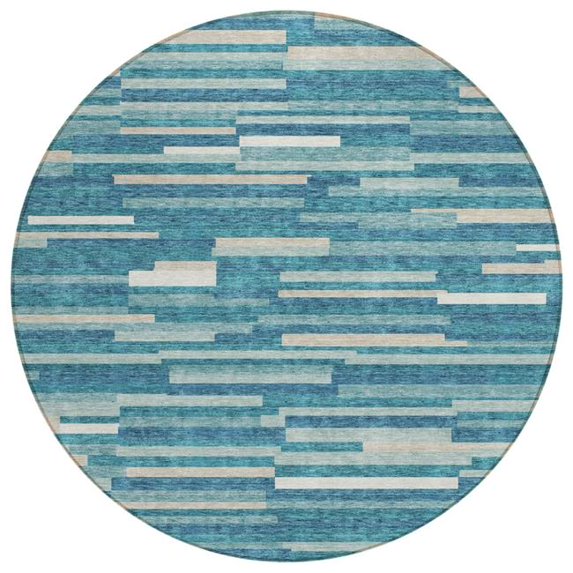 HomeRoots 593158 8 ft. Teal Blue & Ivory Round Striped Washable Indoor & Outdoor Area Rug