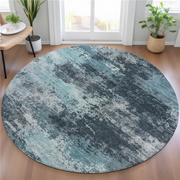 HomeRoots 630659 8 ft. Teal Blue & Navy Blue Round Abstract Washable Indoor & Outdoor Area Rug