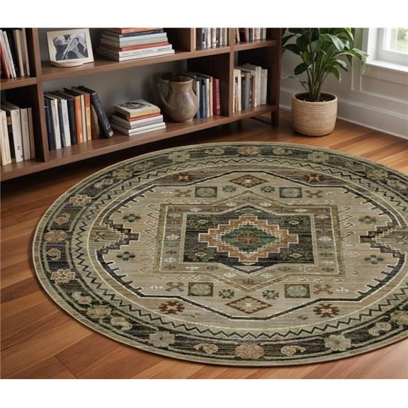 HomeRoots 8 ft. Tribal Power Loom Round Rug, Gray & Green