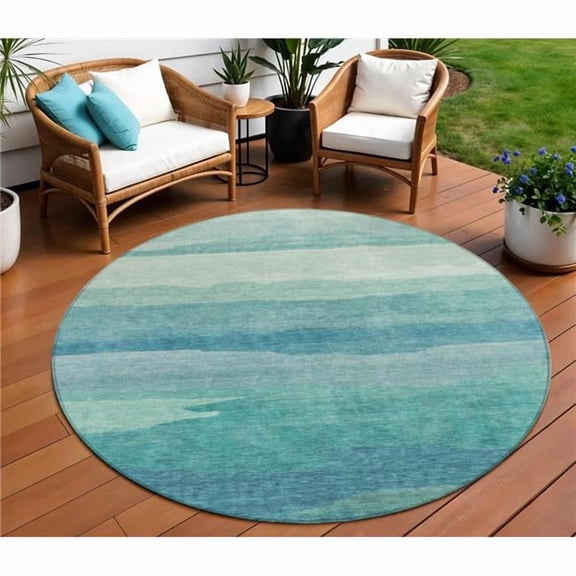 HomeRoots 608153 8 ft. Turquoise Round Striped Washable Indoor & Outdoor Area Rug