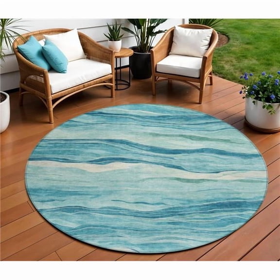 HomeRoots 608132 8 ft. Turquoise Round Striped Washable Indoor & Outdoor Area Rug