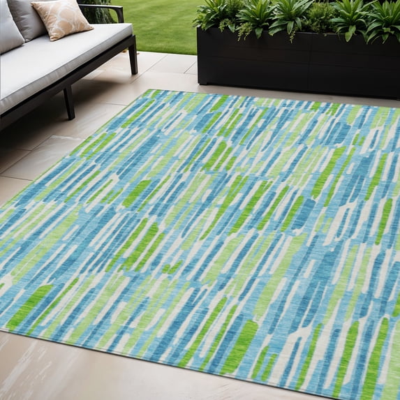 HomeRoots 584059 8 x 10 ft. Abstract Washable Indoor & Outdoor Rectangle Area Rug, Aqua, Teal Blue & Lime Green