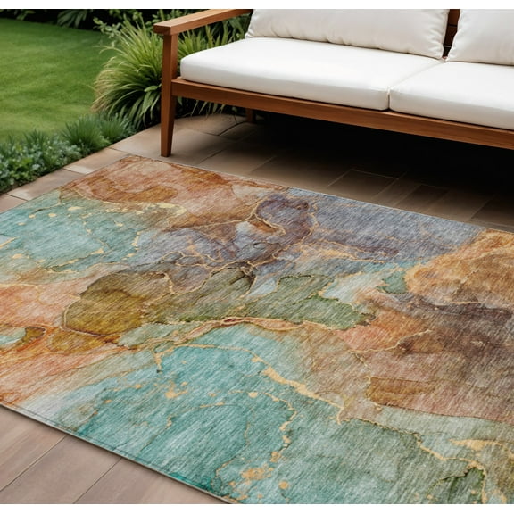 8' X 10' Copper Orange And Teal Blue Abstract Washable Indoor Outdoor Area Rug