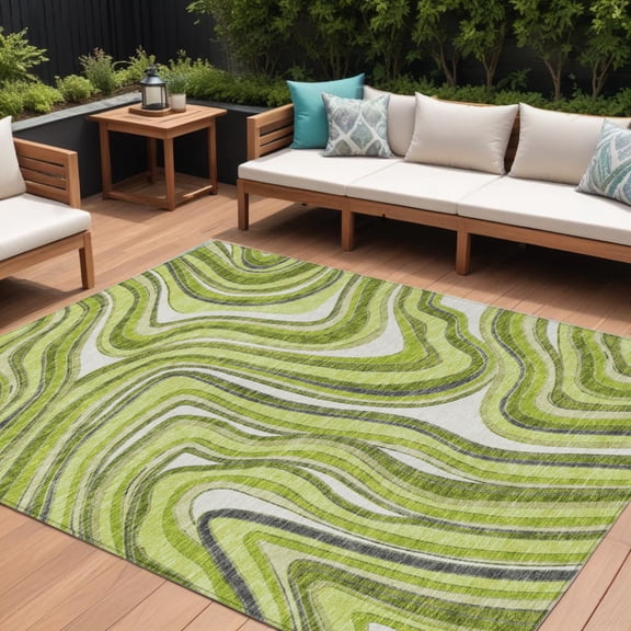 8' X 10' Lime Green And Charcoal Abstract Washable Indoor Outdoor Area Rug