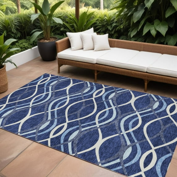 HomeRoots 585271 8 x 10 ft. Abstract Washable Indoor & Outdoor Rectangle Area Rug, Navy Blue & Denim Blue
