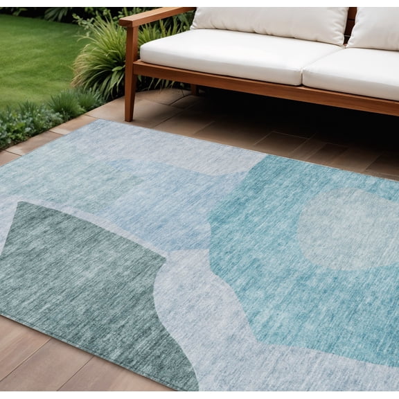 HomeRoots 580751 8 x 10 ft. Abstract Washable Indoor & Outdoor Rectangle Area Rug, Teal Blue, Artichoke Green & Blue